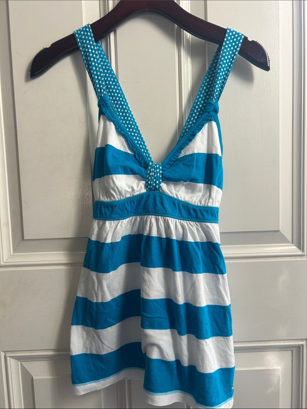 Y2K vintage Hollister Turquoise & White Striped baby doll top w/poka dot contact